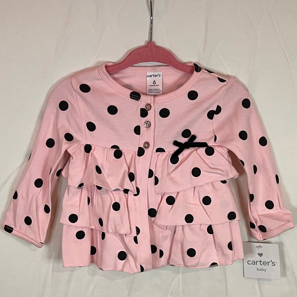 NWT Carter’s Baby Girl Pink Cotton Ruffled Top w Black Polka Dots, Size 6 Months
